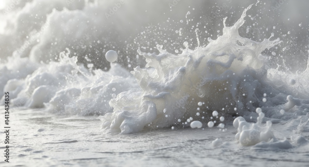 Poster white foam and bubbles from crashing sea waves on the shore, splashing water isolated on a white bac