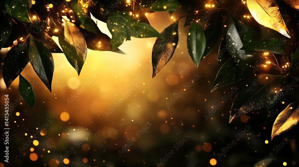 Poster green leaves are illuminated by strings of glowing lights creating a warm and festive atmosphere, se