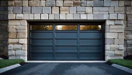A big metal panel garage door encased in a rock block wall, with an asphalt entrance and three windows made of glass, accented by black trim.