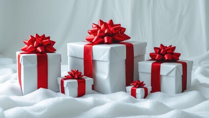 Obraz premium Isolated white gift boxes featuring red bows on a background