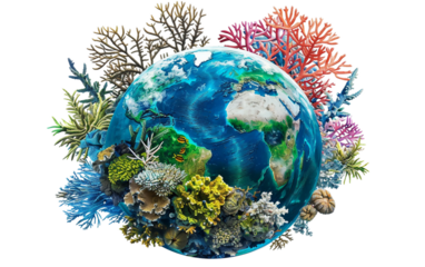 Beautiful Earth immersed in coral formations and tropical ocean biodiversity isolated on white background PNG
