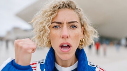 Blonde woman with a fist raised in the air. She is wearing a blue jacket with a red and white design