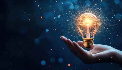 Hand holding a glowing light bulb against a dark blue bokeh background.