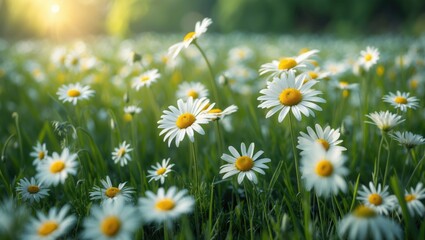 Fototapeta premium Meadow filled with wild daisy flowers and white chamomiles on a green grass backdrop. Daisies, Gardening theme.
