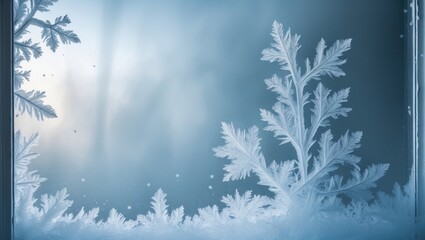 Obraz premium Abstract backdrop of a frozen window with hoar frost patterns.