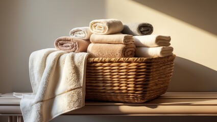 Obraz premium Fresh towels arranged in a wicker basket