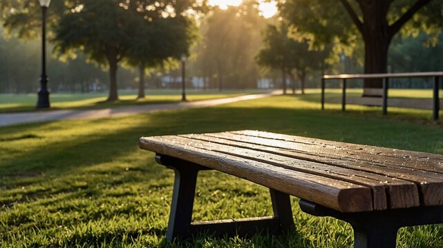 Um banco de madeira, brilhando com o orvalho da manh&atilde;, &eacute; iluminado pelo nascer do sol em um parque verdejante.