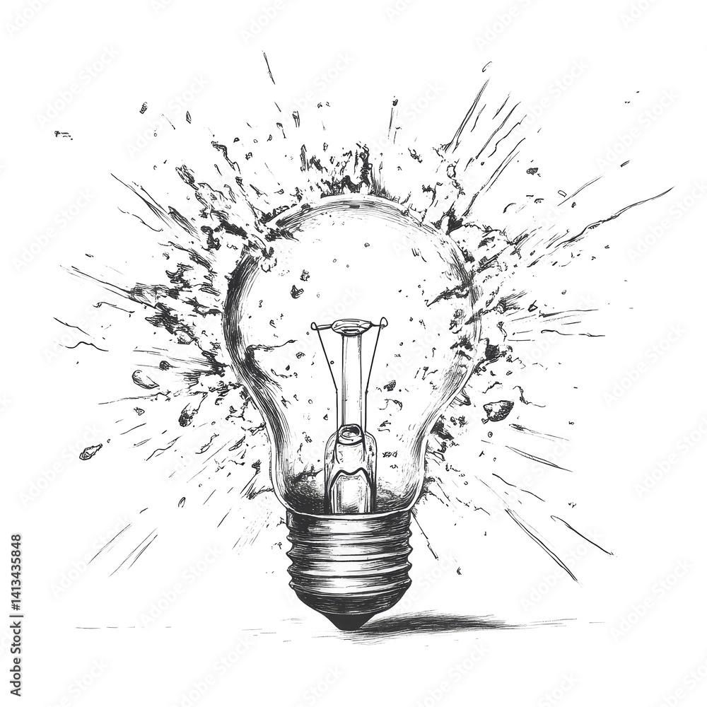 Poster a detailed illustration of a light bulb exploding, showcasing shards and energy in dynamic motion, e