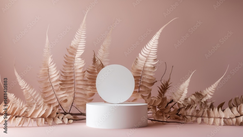 Poster white platform featuring a leaf branch and arch for product display.