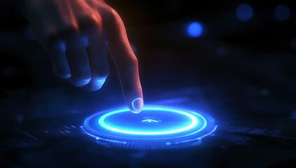 Finger presses a glowing blue button on a dark surface.