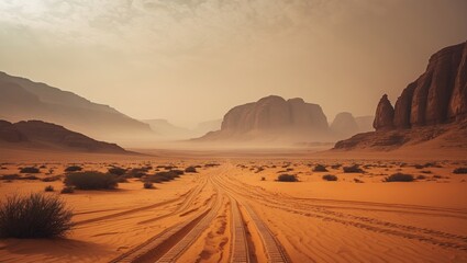 Fototapeta premium Wadi Rum Desert: The Moon Valley with Orange Sand, Haze, and Clouds. Outdoor Landscape of the National Park. Background for Offroad Adventure Travel.