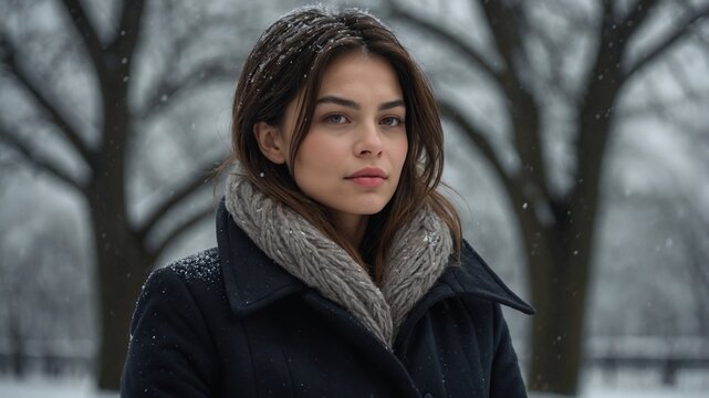Um retrato cativante de uma mulher aproveitando graciosamente a neve do inverno ao ar livre em um ambiente sereno.