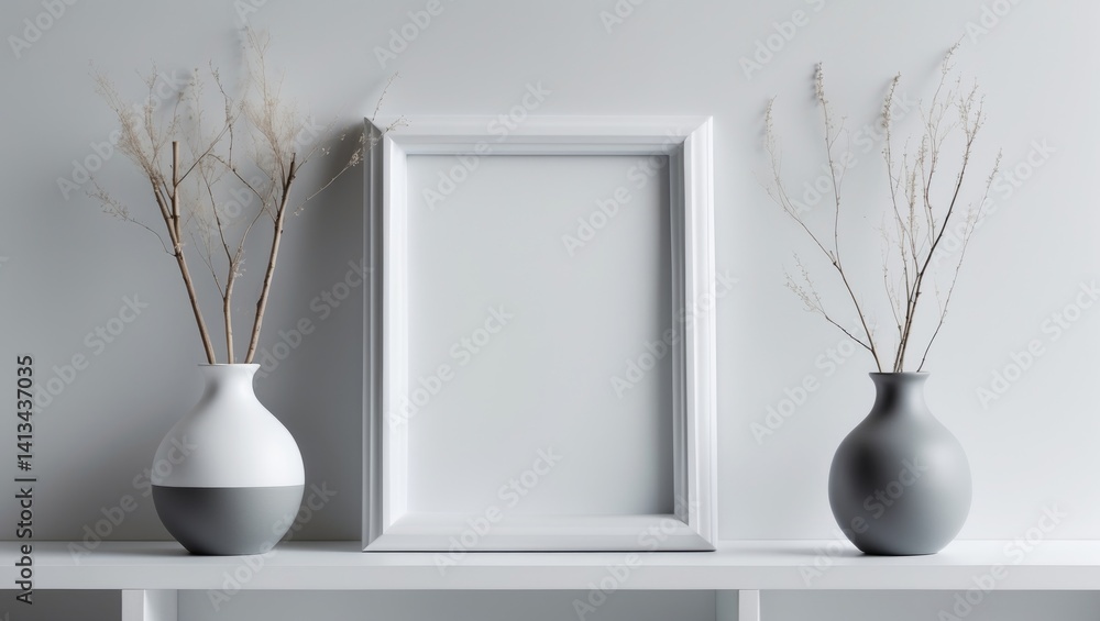 Poster white frame display with dry branches in a vase on a desk or bookshelf. white hues.