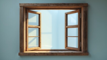 Large open wooden window in a rustic style
