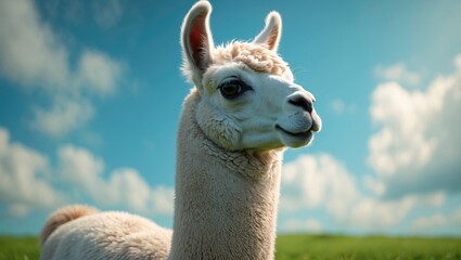 Obraz premium Llama on the farm, white llama in the field