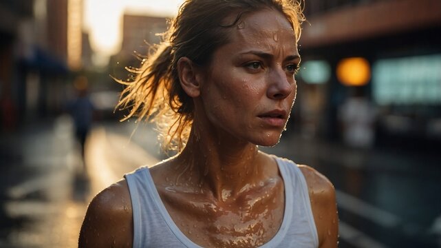Uma mulher determinada, brilhando de suor, faz uma pausa durante um treino, banhada pela luz dourada do sol.