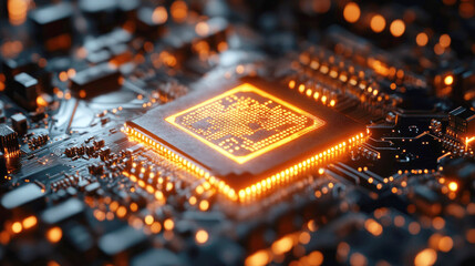 Glowing Microchip on Circuit Board with Technology Concepts