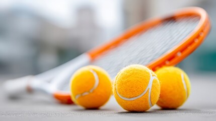 Three tennis balls are sitting on a tennis court. The balls are yellow and white, and the racket is orange. Concept of playfulness and fun, as the tennis balls