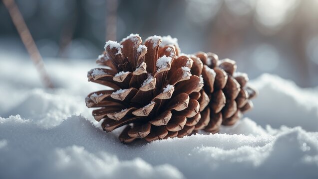 Fresh White Soft Snow on a Pine Cone