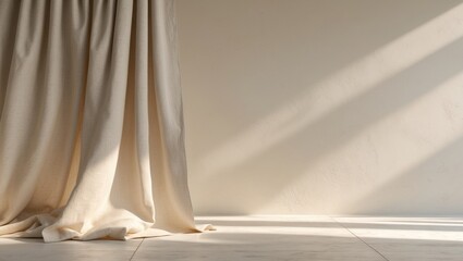 Contemporary vacant space featuring sunlight shadows, plain white wall backdrop, beige linen drapes, stone flooring or tabletop, aesthetic minimalist interior design concept