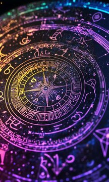 Colorful celestial compass design featuring astrological symbols against a starry background