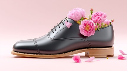 Shoe with pink flowers in it. The flowers are in the shoe's toe box