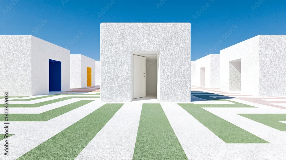 Poster row of white buildings with a green stripe on the ground. the buildings are all the same color and h