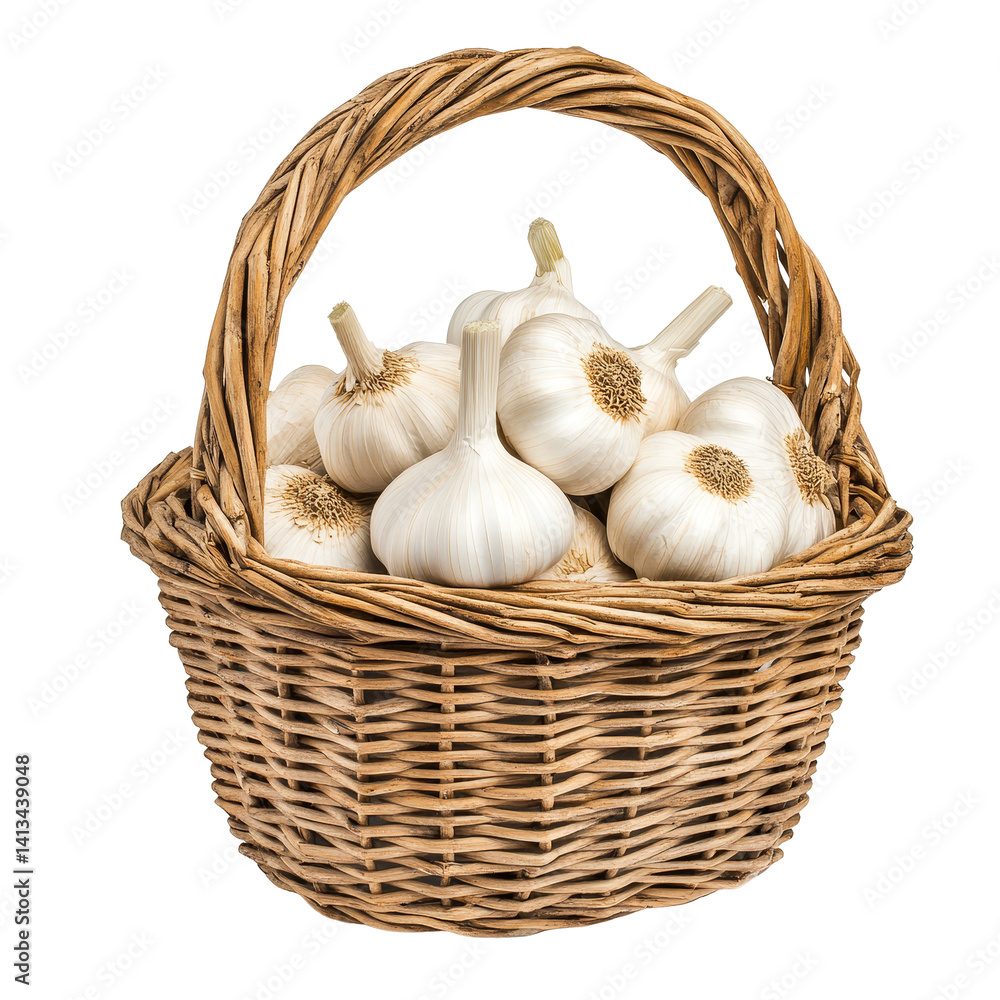 Poster fresh transparent garlic in a rustic basket on a clean transparent background for culinary use and c