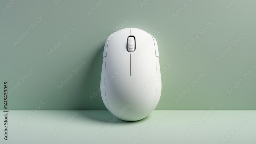 Poster gray backdrop featuring a clean white wireless mouse with space for copy as a concept.