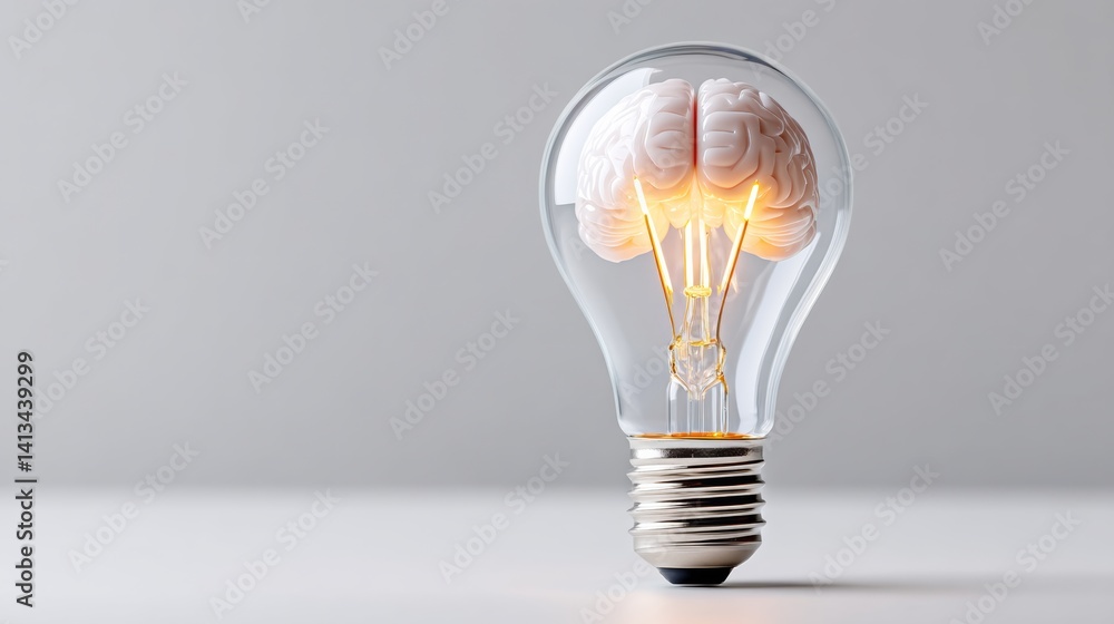 Poster light bulb with a brain inside of it. the bulb is lit up and the brain is glowing. this image repres