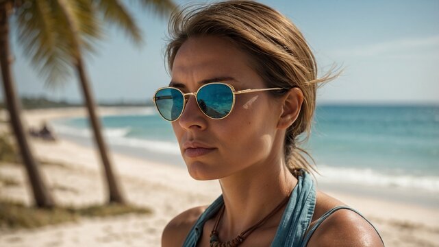 Uma mulher com &oacute;culos de sol aproveita um dia tranquilo na praia, refletindo a beleza do mar.