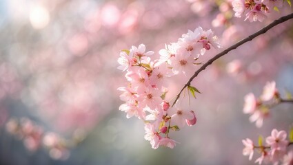 Naklejka premium Stunning springtime backdrop with a branch of blooming sakura flowers in a horizontal layout.