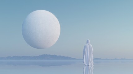 Peaceful, ethereal figure gazes at a large celestial orb above a tranquil, reflective landscape