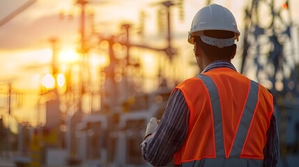 Professional engineer and electrician inspecting substation construction site