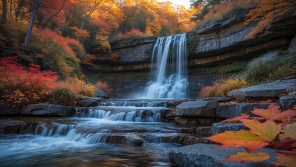 Waterfall Surrounded by Autumn Colors in the Woods