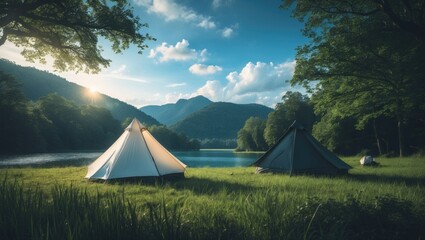 Traveling and camping idea. Camping tent positioned in a woodland by a lake with grassy fields and a sunny blue sky at dawn. Natural environment in summer, warm and soothing.