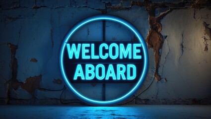 Naklejka premium WELCOME ABOARD displayed in blue neon against a brick background for design templates.