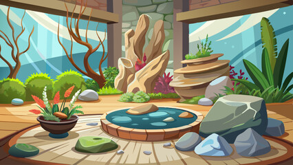 Fototapeta premium Indoor mini rock garden with natural textures, driftwood, and airy design