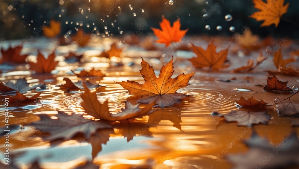 Poster Blurred surface of clear water featuring splashes and bubbles with a backdrop of autumn leaves.