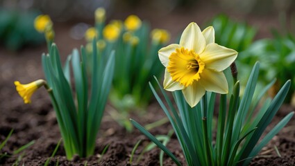 Fototapeta premium A yellow flower in a garden, encircled by green leaves. The dark soil supports other emerging plants and buds.