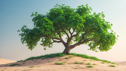 Fototapeta premium An image of a determined tree standing against desertification, showcasing its lush green foliage and robust branches extending in various directions.