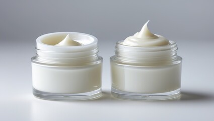 Transparent open jar of facial cosmetic cream with blank label, beauty product isolated on background