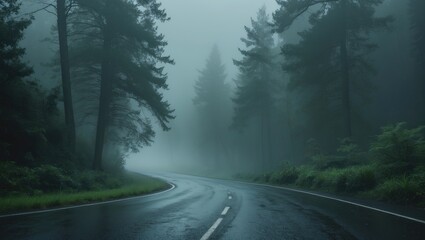 Fototapeta premium The soft light reflecting off the wet asphalt of a curved road surrounded by lush trees enhances the serene, foggy atmosphere.