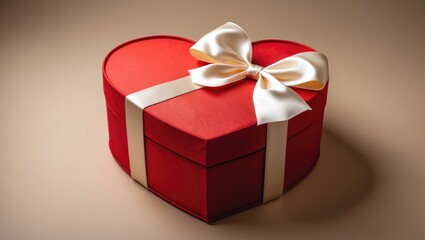 Obraz premium Heart-shaped Valentineâ€™s Day gift adorned with a white bow against a backdrop. Aerial view. Greeting card.