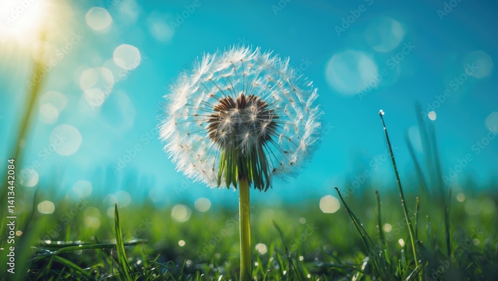Aufkleber dandelion flower with dew on grass. blurred focus.