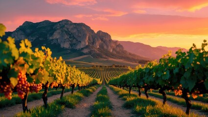 Vineyard at sunset with mountainous backdrop and wine grapes
