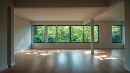 Fototapeta premium Empty residence showcasing hardwood floors and a big window