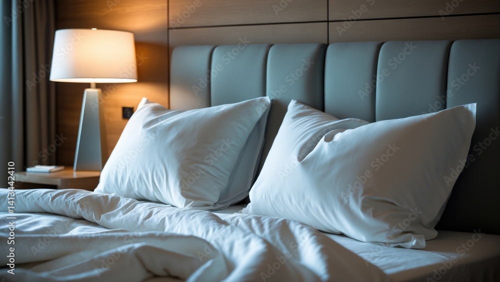 Poster intimate snapshot of a bedroom with a vacant bedside table, reading lamp, and a usb socket in modern