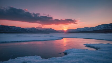 Radiant sunset lighting up a mountainous landscape.