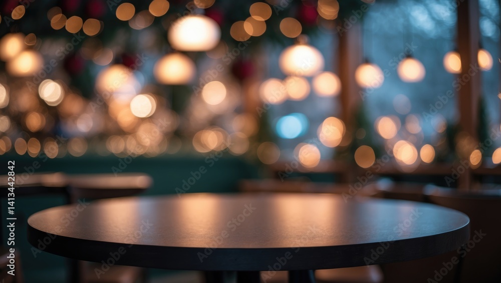 Poster blurred abstract backdrop featuring an empty wooden table in front of a coffee shop or restaurant fo